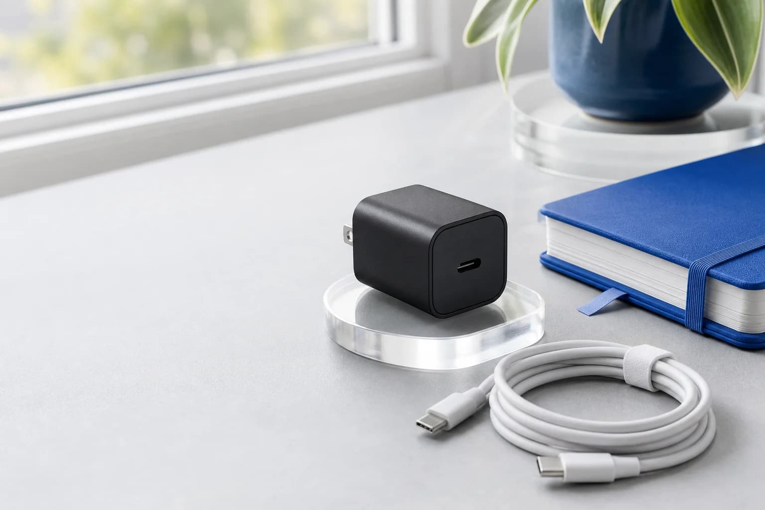USB-C charger on a calm everyday tech workspace
